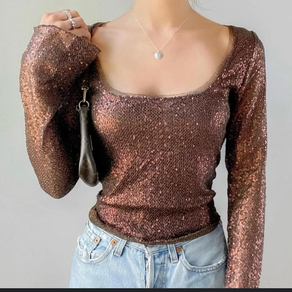 Free People Intimately Free Sheer Brown Sequins Long Bell Sleeve Top Womens XS